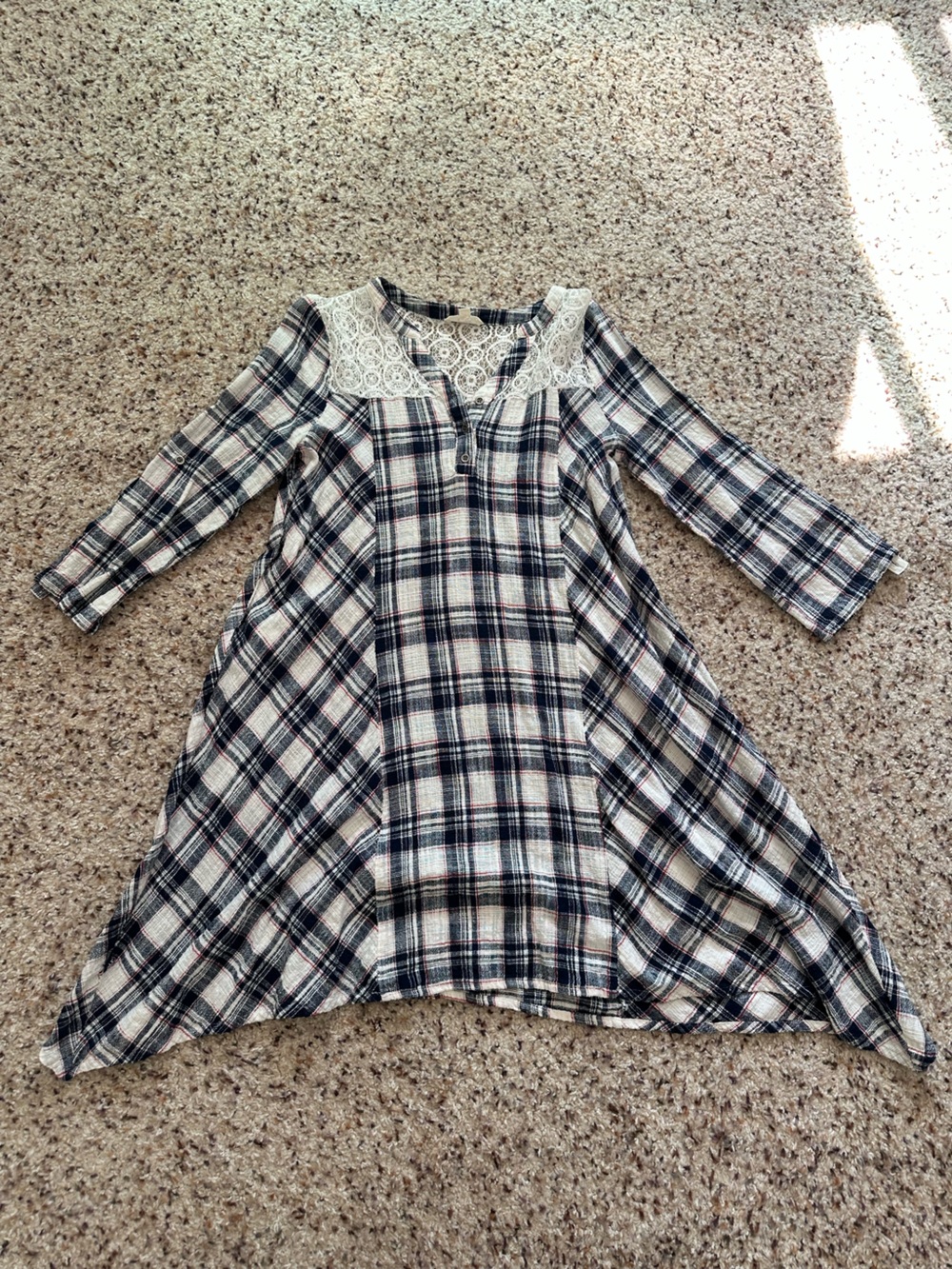 Plaid Lace Yoke Swing Tunic - Navy & Cream in size S